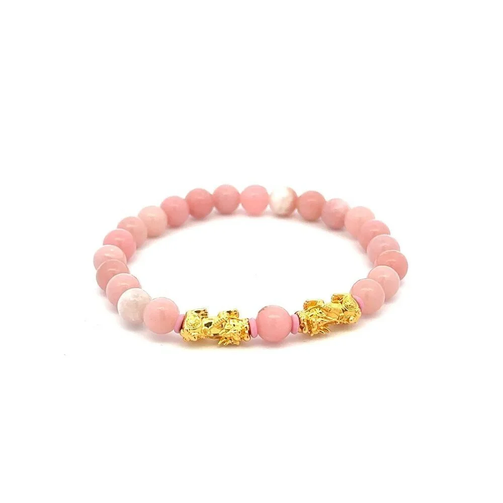 18K Gold Dragon Pixiu Double Piyao Lucky Charm Bracelet Gemstones Pink Opal 6mm - Picture 7 of 7